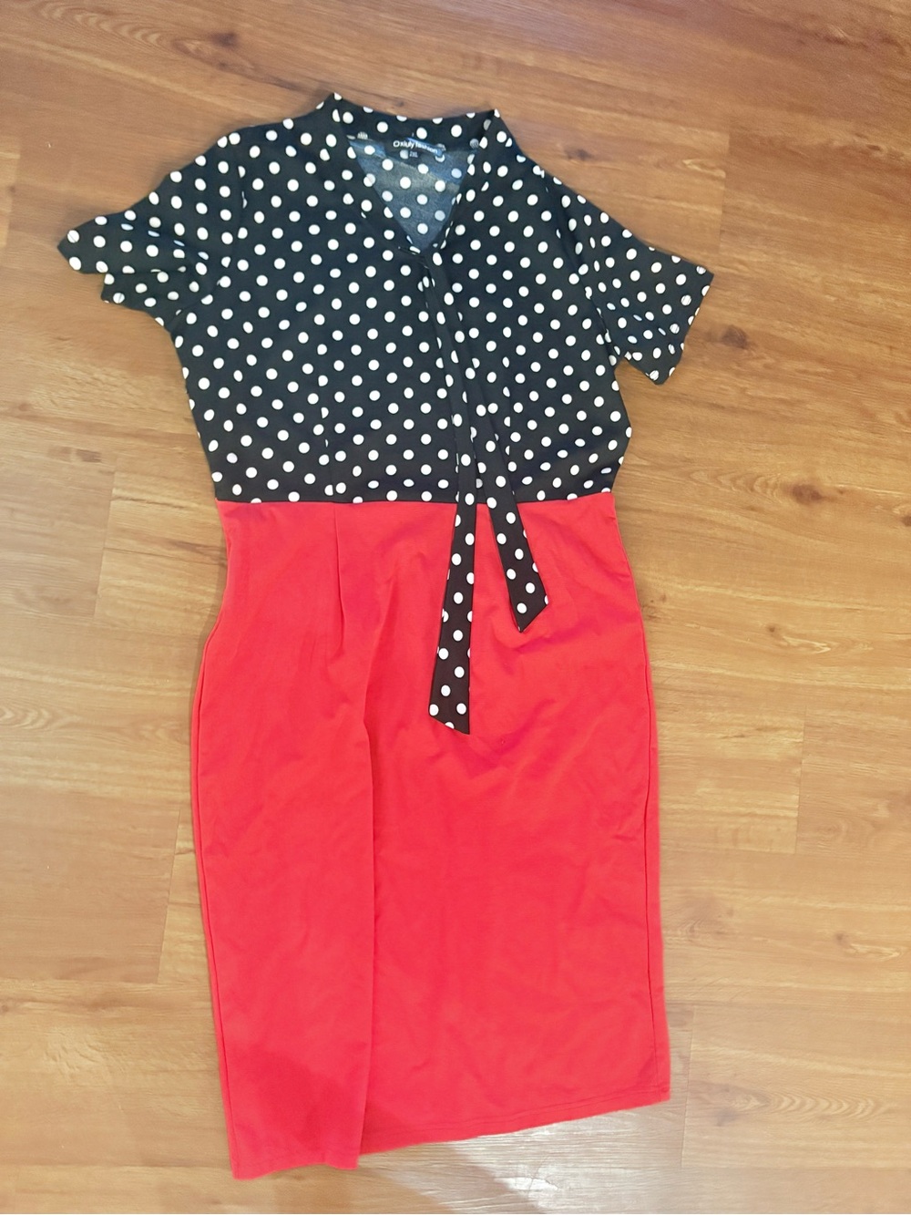 Polka Dot Tie-Front Midi Dress in Black & Red